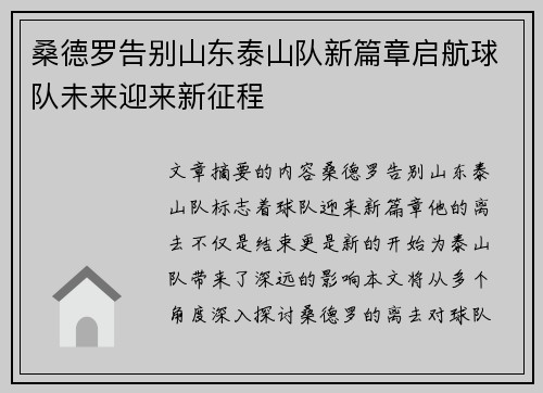 桑德罗告别山东泰山队新篇章启航球队未来迎来新征程