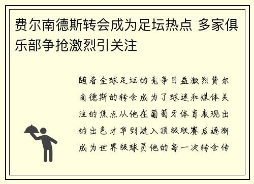 费尔南德斯转会成为足坛热点 多家俱乐部争抢激烈引关注