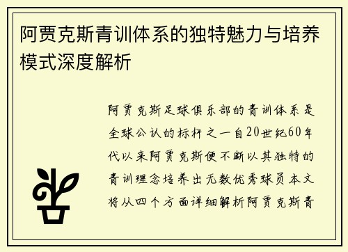 阿贾克斯青训体系的独特魅力与培养模式深度解析 阿贾克斯青训体系的独特魅力与培养模式深度解析